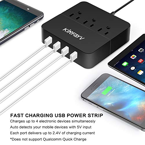 Kinfayv Power Strip with 4 USB Ports & 3 Outlets - Portable USB Strip Surge Protector Desktop Charging Station USB Power Cord with On/Off Switch & 5 Feet Cord for Travel, Hotel, Office