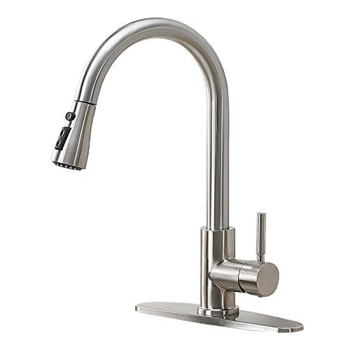 IKEBANA Kitchen Faucet with Pull Down Sprayer,Brushed Nickel Kitchen Faucet,High Arc Single Handle Single Hole Stainless Steel Pull Out Kitchen Sink Faucet with Deck Plate Faucet for Kitchen Sink