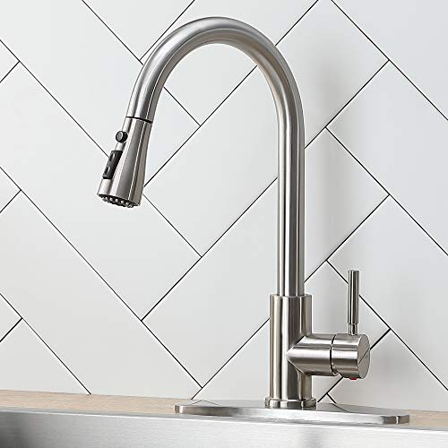 IKEBANA Kitchen Faucet with Pull Down Sprayer,Brushed Nickel Kitchen Faucet,High Arc Single Handle Single Hole Stainless Steel Pull Out Kitchen Sink Faucet with Deck Plate Faucet for Kitchen Sink