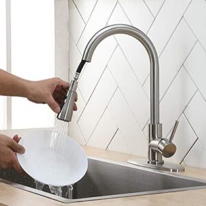 IKEBANA Kitchen Faucet with Pull Down Sprayer,Brushed Nickel Kitchen Faucet,High Arc Single Handle Single Hole Stainless Steel Pull Out Kitchen Sink Faucet with Deck Plate Faucet for Kitchen Sink