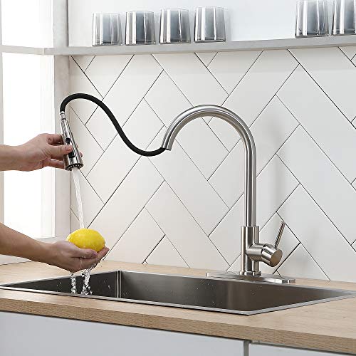 IKEBANA Kitchen Faucet with Pull Down Sprayer,Brushed Nickel Kitchen Faucet,High Arc Single Handle Single Hole Stainless Steel Pull Out Kitchen Sink Faucet with Deck Plate Faucet for Kitchen Sink