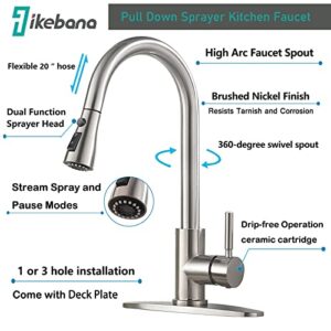 IKEBANA Kitchen Faucet with Pull Down Sprayer,Brushed Nickel Kitchen Faucet,High Arc Single Handle Single Hole Stainless Steel Pull Out Kitchen Sink Faucet with Deck Plate Faucet for Kitchen Sink