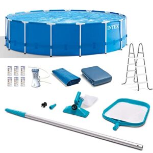 intex metal frame 15' x 48" round above ground swimming pool set with filter pump, ladder, and cover with maintenance accessory vacuum and skimmer kit