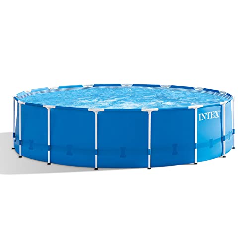 Intex Metal Frame 15' x 48" Round Above Ground Swimming Pool Set with Filter Pump, Ladder, and Cover with Maintenance Accessory Vacuum and Skimmer Kit