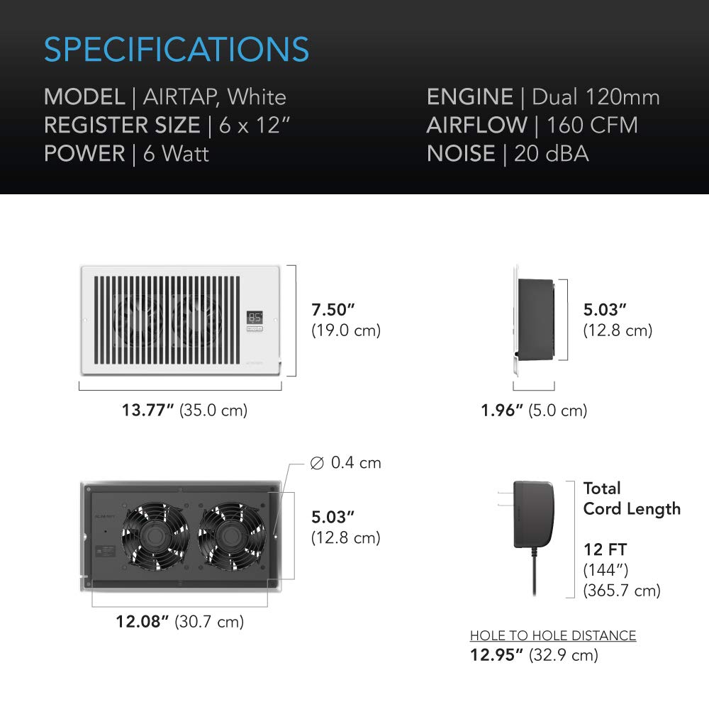 AC Infinity AIRTAP T6, Quiet Register Booster Fan with Thermostat 10-Speed Control, Heating Cooling AC Vent, Fits 6” x 12” Register Holes, White