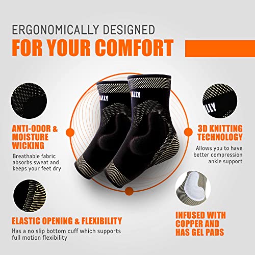 NeoAlly Copper Ankle Brace with Gel Pads Ankle Compression Sleeves for Plantar Fasciitis, Foot Pain, Sprained Ankle Support & Recovery, Medium, 1 Pair