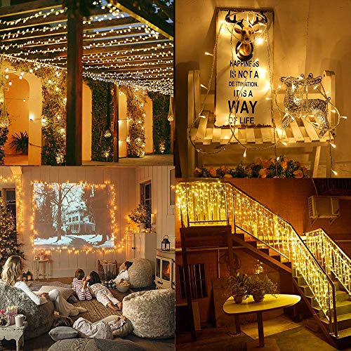 Aluan Christmas Lights Extendable Fairy String Lights 100 LED 33ft+10ft 8 Modes Waterproof Plug in Icicle Lights for Party Wedding Christmas Tree, Window Curtain Patio Decoration