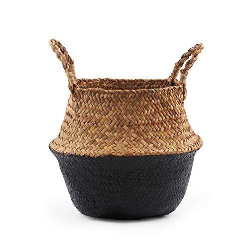 BlueMake Woven Seagrass Belly Basket for Storage, Laundry, Picnic, Plant Pot Cover, and Grocery and Toy Storage (Black, Large)