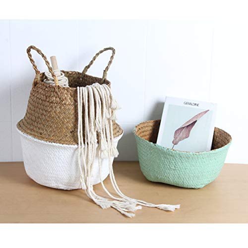 BlueMake Woven Seagrass Belly Basket for Storage, Laundry, Picnic, Plant Pot Cover, and Grocery and Toy Storage (Black, Large)