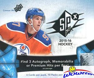 2015/16 upper deck spx hockey factory sealed hobby box with three(3) autograph, memorabilia or premium hits! look for rookies & autographs of connor mcdavid, jack eichel & many more! wowzzer!