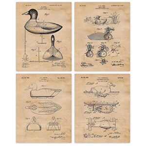 vintage duck hunting decoy patent prints, 4 (8x10) unframed photos, wall art decor gifts under 20 for home office garage shop man cave college student teacher waterfowl hunting sports championship fan