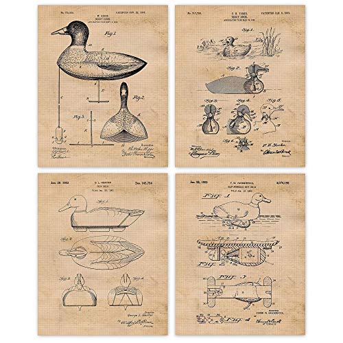 Vintage Duck Hunting Decoy Patent Prints, 4 (8x10) Unframed Photos, Wall Art Decor Gifts Under 20 for Home Office Garage Shop Man Cave College Student Teacher Waterfowl Hunting Sports Championship Fan