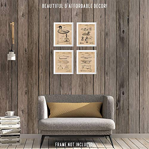 Vintage Duck Hunting Decoy Patent Prints, 4 (8x10) Unframed Photos, Wall Art Decor Gifts Under 20 for Home Office Garage Shop Man Cave College Student Teacher Waterfowl Hunting Sports Championship Fan