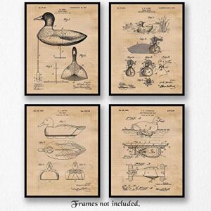 Vintage Duck Hunting Decoy Patent Prints, 4 (8x10) Unframed Photos, Wall Art Decor Gifts Under 20 for Home Office Garage Shop Man Cave College Student Teacher Waterfowl Hunting Sports Championship Fan