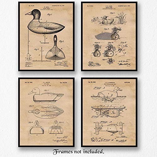 Vintage Duck Hunting Decoy Patent Prints, 4 (8x10) Unframed Photos, Wall Art Decor Gifts Under 20 for Home Office Garage Shop Man Cave College Student Teacher Waterfowl Hunting Sports Championship Fan