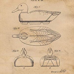 Vintage Duck Hunting Decoy Patent Prints, 4 (8x10) Unframed Photos, Wall Art Decor Gifts Under 20 for Home Office Garage Shop Man Cave College Student Teacher Waterfowl Hunting Sports Championship Fan