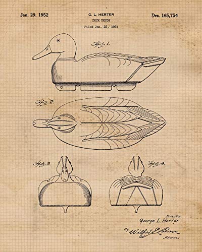 Vintage Duck Hunting Decoy Patent Prints, 4 (8x10) Unframed Photos, Wall Art Decor Gifts Under 20 for Home Office Garage Shop Man Cave College Student Teacher Waterfowl Hunting Sports Championship Fan