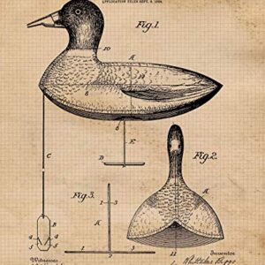 Vintage Duck Hunting Decoy Patent Prints, 4 (8x10) Unframed Photos, Wall Art Decor Gifts Under 20 for Home Office Garage Shop Man Cave College Student Teacher Waterfowl Hunting Sports Championship Fan