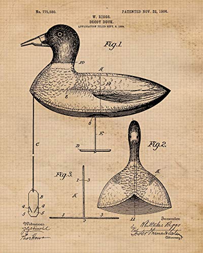 Vintage Duck Hunting Decoy Patent Prints, 4 (8x10) Unframed Photos, Wall Art Decor Gifts Under 20 for Home Office Garage Shop Man Cave College Student Teacher Waterfowl Hunting Sports Championship Fan