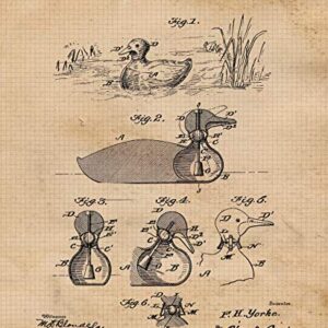 Vintage Duck Hunting Decoy Patent Prints, 4 (8x10) Unframed Photos, Wall Art Decor Gifts Under 20 for Home Office Garage Shop Man Cave College Student Teacher Waterfowl Hunting Sports Championship Fan