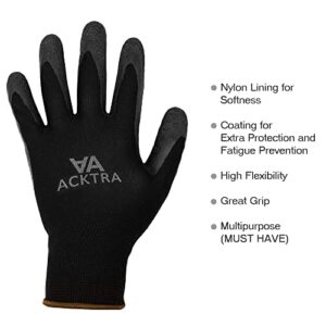 ACKTRA Coated Nylon Safety WORK GLOVES 12 Pairs, Knit Wrist Cuff, Multipurpose, for Men & Women, WG008 Black Polyester, Black Latex, Large