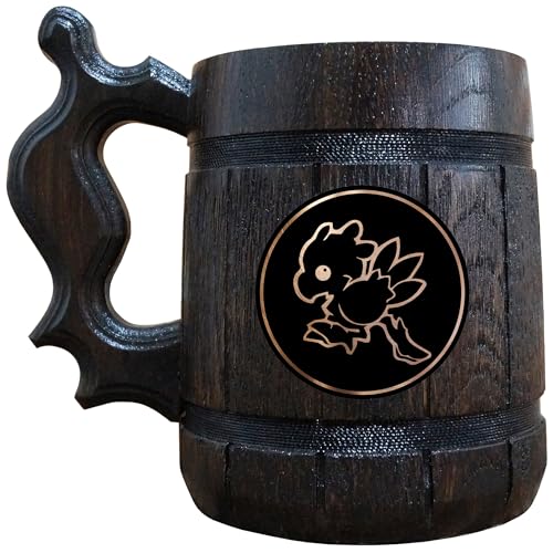 Chocobo Beer Mug, 22 oz, FF Beer Stein, Beer Mugs with Handles, Gamer Gift, Personalized Wooden Beer Tankard, Custom Gift for Men, Gift for Him