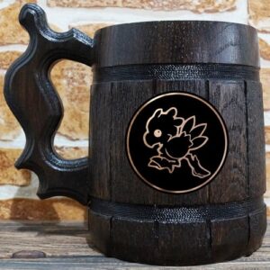 Chocobo Beer Mug, 22 oz, FF Beer Stein, Beer Mugs with Handles, Gamer Gift, Personalized Wooden Beer Tankard, Custom Gift for Men, Gift for Him