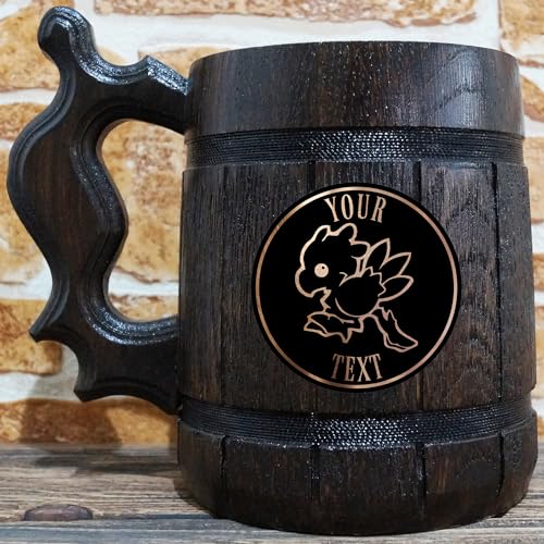 Chocobo Beer Mug, 22 oz, FF Beer Stein, Beer Mugs with Handles, Gamer Gift, Personalized Wooden Beer Tankard, Custom Gift for Men, Gift for Him