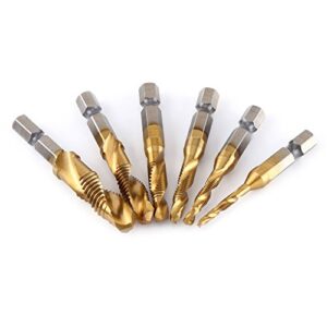 6Pcs Titanium Coated Drill and Tap Set,Metric Thread HSS M3-M10 Screw Tapping bit Tool 1/4 Hex Shank