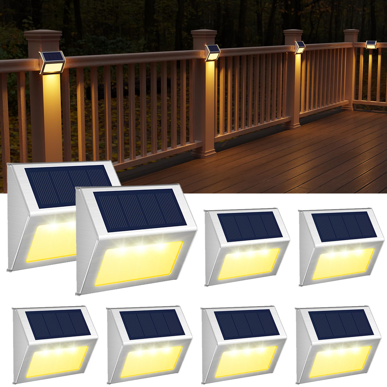 JSOT Solar Lights Outdoor for Deck,Waterproof Solar Powered Steps Light Outdoor Wireless LED Lamp Fence Lighting Walkway Patio Stair Garden Path Rail Backyard Fences Post 8 Pack Warm White