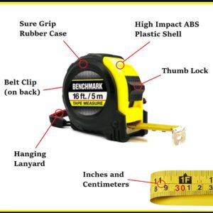 Benchmark - 16ft Tape Measure - Metric and Imperial (feet and Centimeters) (16ft, Black/Yellow, 4)