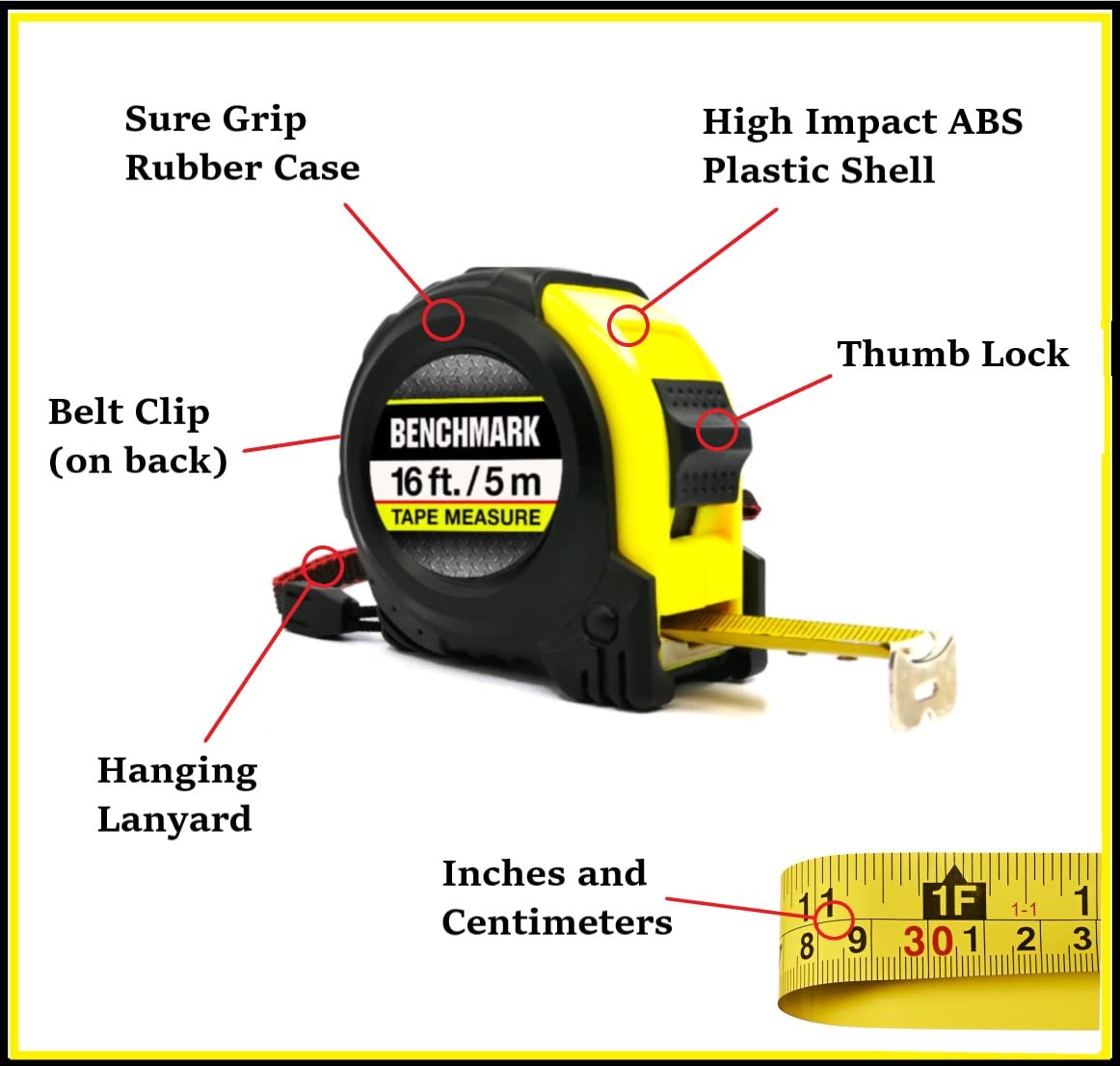 Benchmark - 16ft Tape Measure - Metric and Imperial (feet and Centimeters) (16ft, Black/Yellow, 4)