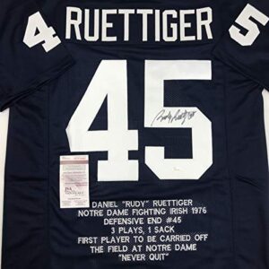 autographed/signed rudy ruettiger notre dame blue stat college football jersey jsa coa