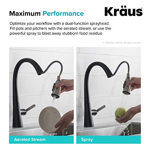 Kraus KPF-1673SFSMB Nolen Dual Function Pull, Faucets for Kitchen Sinks, Single-Handle, 16 3/8 Inch, Spot Free Stainless Steel/Matte Black