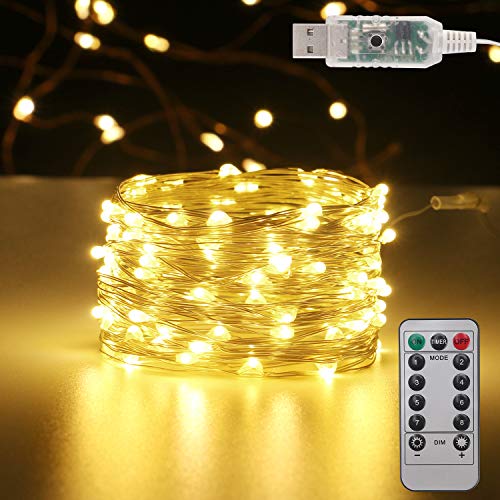 HANNAHONG Twinkle Fairy String Lights,33ft 100 LED,8 Modes USB Plug in with Remote & Timer, Waterproof Copper Wire Blinking Starry Light for Outdoor Christmas Bedroom Patio Wedding Decor,Warm White