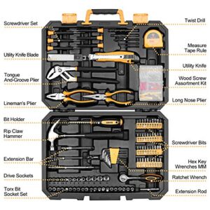 DEKO 196 Piece Tool Set General Household Hand Tool Kit with Rip Claw Hammer,Lineman's Plier, Measure Tape Rule & Plastic Toolbox Storage Case