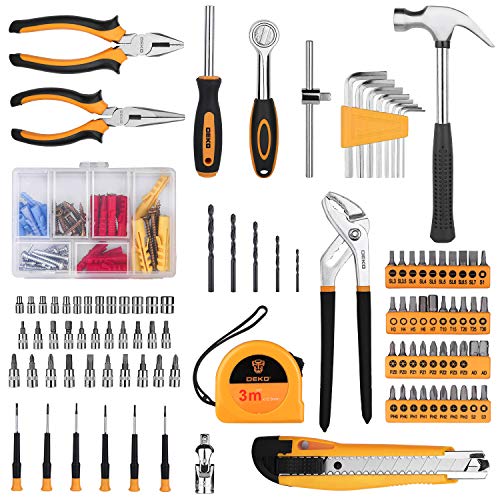 DEKO 196 Piece Tool Set General Household Hand Tool Kit with Rip Claw Hammer,Lineman's Plier, Measure Tape Rule & Plastic Toolbox Storage Case