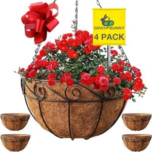 hanging planters for outdoor plants, 4 pack 14" metal hanging baskets for plants outdoor, large hanging flower pots for outside with coco liners outdoor hanging planter for porch hanging flower basket