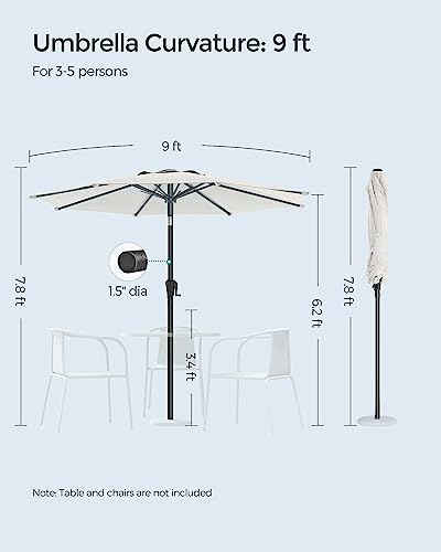 SONGMICS Patio Umbrella, 9 ft Outdoor Table Umbrella, Deck Umbrella, with 8 Ribs, UPF 50+, 30° Dual-Tilt System, Base Not Included, for Patio, Garden, Pool, White UGPU09BEV1