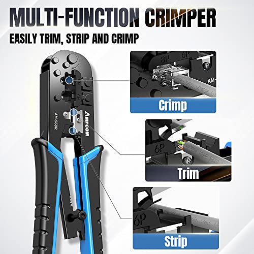 AMPCOM RJ45 Crimping Tool, 8P/6P-RJ11, RJ12 Crimper Cutter Stripper AM-568R