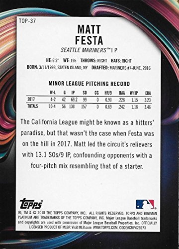 2018 Bowman Platinum Top Prospects #TOP-37 Matt Festa NM-MT Seattle Mariners Official MLB Baseball Trading Card in Raw (NM or Better) Condition