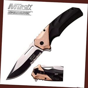 spring-assist folding pocket knife mtech black copper serrated military tactical knife