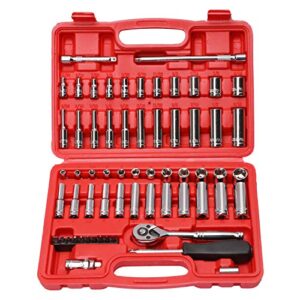 casoman 1/4-inch drive master socket set with ratchets, adapters, extensions with 1/4’‘ dr. bits set, inch/metric, 6-point, 5/32-inch - 9/16-inch, 4 mm - 14 mm, 62-piece 1/4" dr. socket set