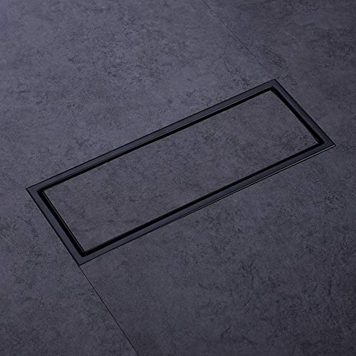 Orhemus 304 Stainless Steel Linear Shower Floor Drain with Tile Insert Grate Removable Cover 12 inch Long Rectangle, Matte Black Plated Finish