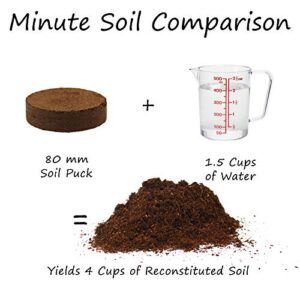 Minute Soil - Compressed Coco Coir Fiber Grow Medium - 80 MM Pucks - 10 Pack = 2.5 Gallons of Potting Soil - Indoor Container Growing: Wheatgrass, Microgreens, Flowers - Just Add Water - OMRI Organic