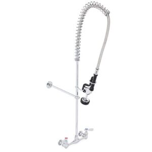 durasteel commercial kitchen wall mount pre-rinse faucet, 38" height 8" center with coiled spring pull down sprayer, brass constructed polished chrome body, 1 set