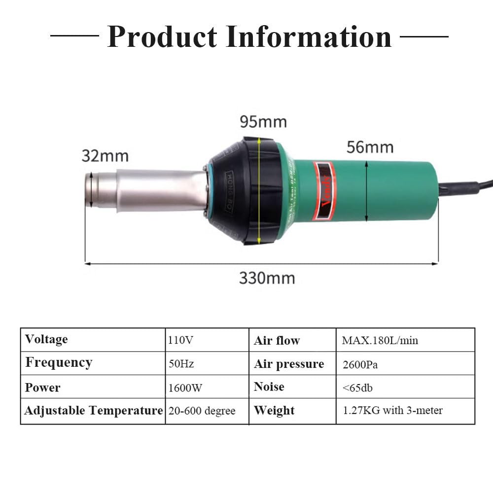 110V 1600W Plastic Hot Air Welding Gun Heat Plastic Welder Torch Plastic Welding Gun Hot Air Gun Kit with Nozzles and Roller