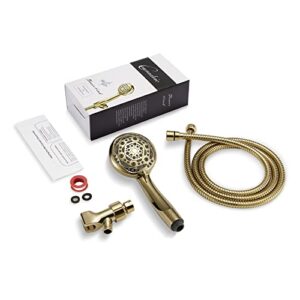 Couradric Handheld Shower Head, 7-Function High Pressure Shower Head with Brass Swivel Ball Bracket and Extra Long Stainless Steel Hose, Polished Brass, 4"