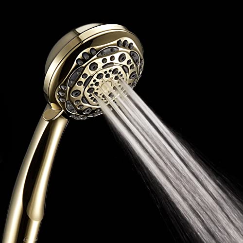 Couradric Handheld Shower Head, 7-Function High Pressure Shower Head with Brass Swivel Ball Bracket and Extra Long Stainless Steel Hose, Polished Brass, 4"