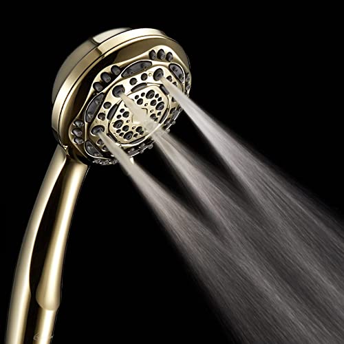 Couradric Handheld Shower Head, 7-Function High Pressure Shower Head with Brass Swivel Ball Bracket and Extra Long Stainless Steel Hose, Polished Brass, 4"